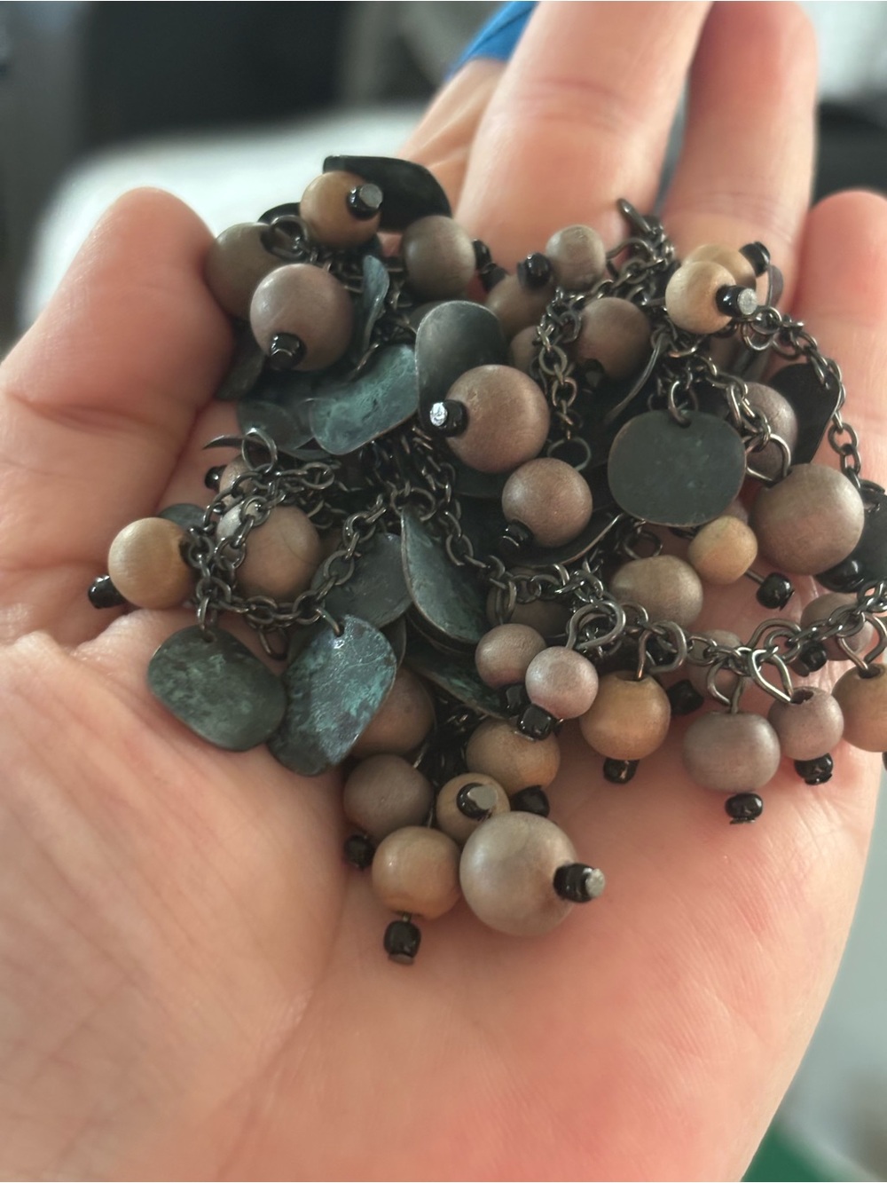 Statement Layered Beaded Disc Charm Necklace Gray Turquoise Brown Boho-Chic - Picture 2 of 2